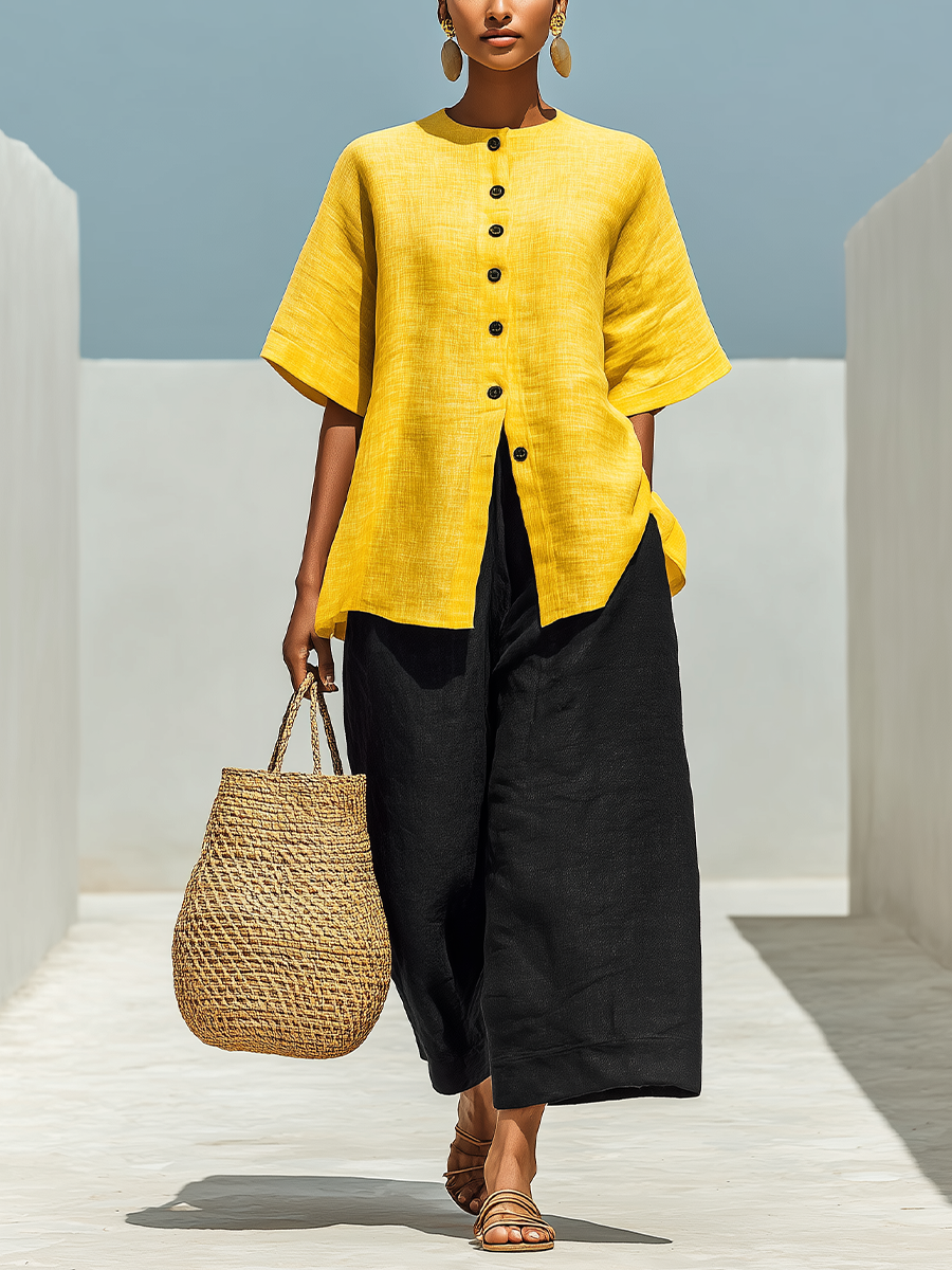 Women’s Yellow Linen-Blend Short-Sleeve Button-Down Top & Black Wide-Leg Pants Two-Piece Set MDZ3003D2T