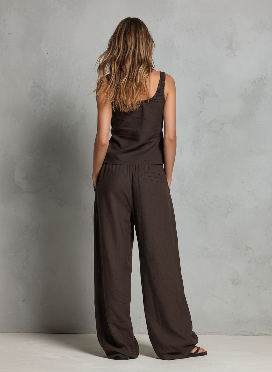 Women's Casual Brown Cotton-Linen Sleeveless Vest With Trousers MDZ2986D9LXY