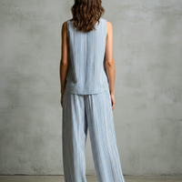 Women's Casual Blue And White Striped Woven Sleeveless V-Neck Top With Trousers MDZ2940D8LXY