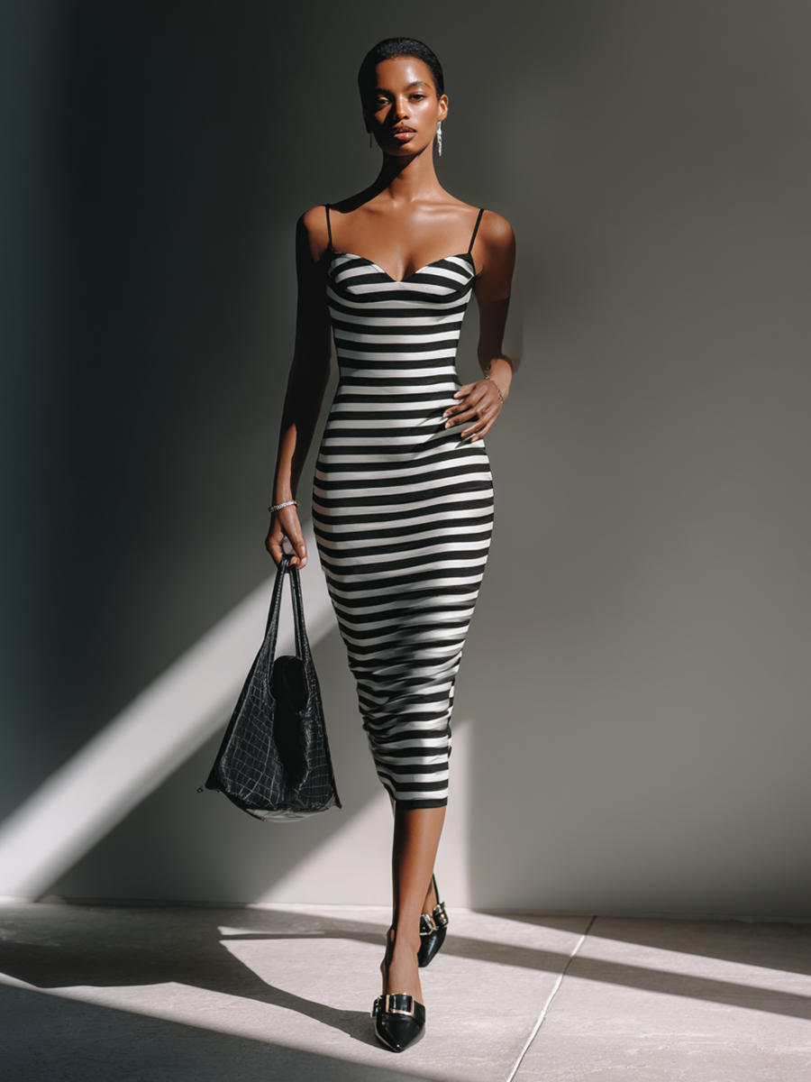 Women's Minimalist Striped Slim-Fit Midi Slip Dress MDZ0632E4ZRK