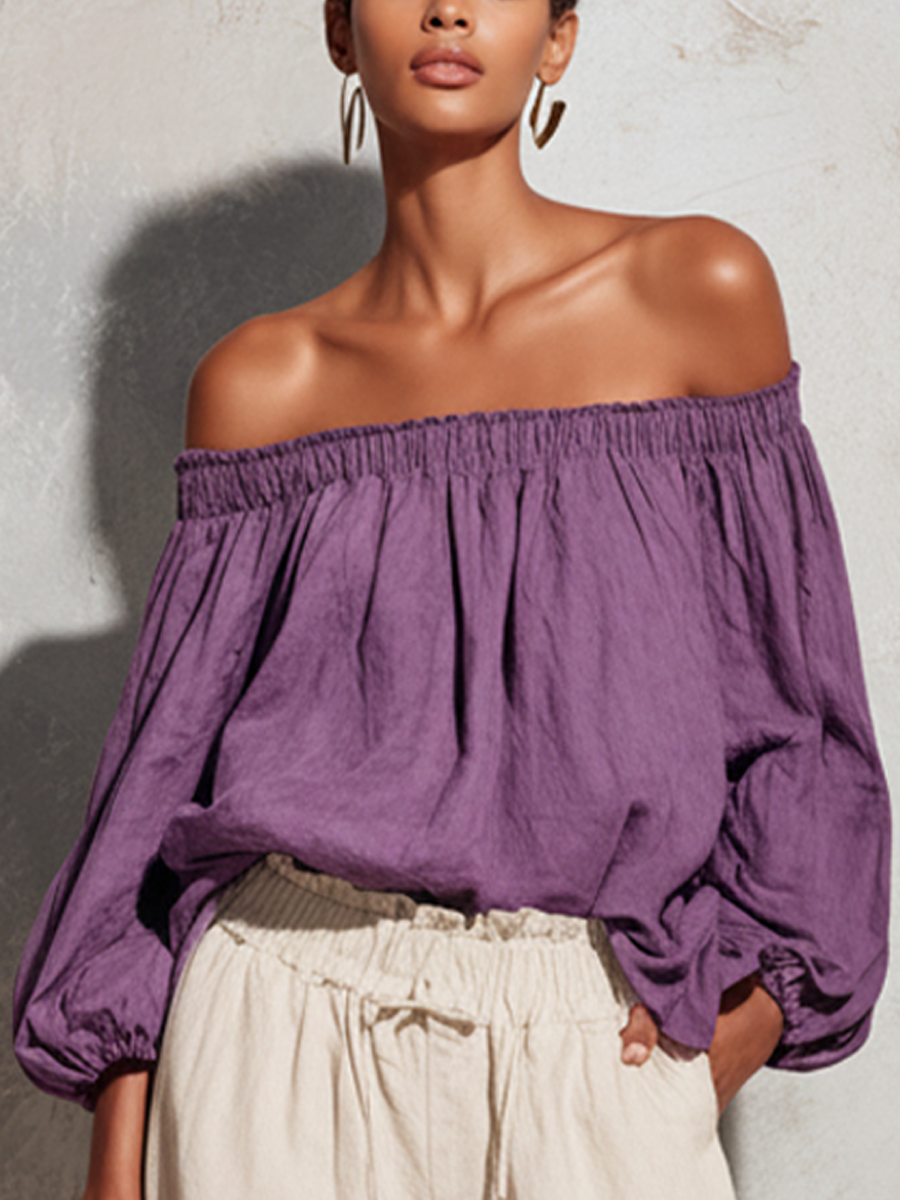 Women's Casual Style Purple Cotton And Linen Off-shoulder Long Lantern Sleeve Top MDZ0697E3GMJ