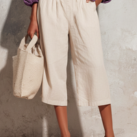 Women's Casual Style Off-white Cotton And Linen Elastic Waistband Capri Pants MDZ0679E4GMJ