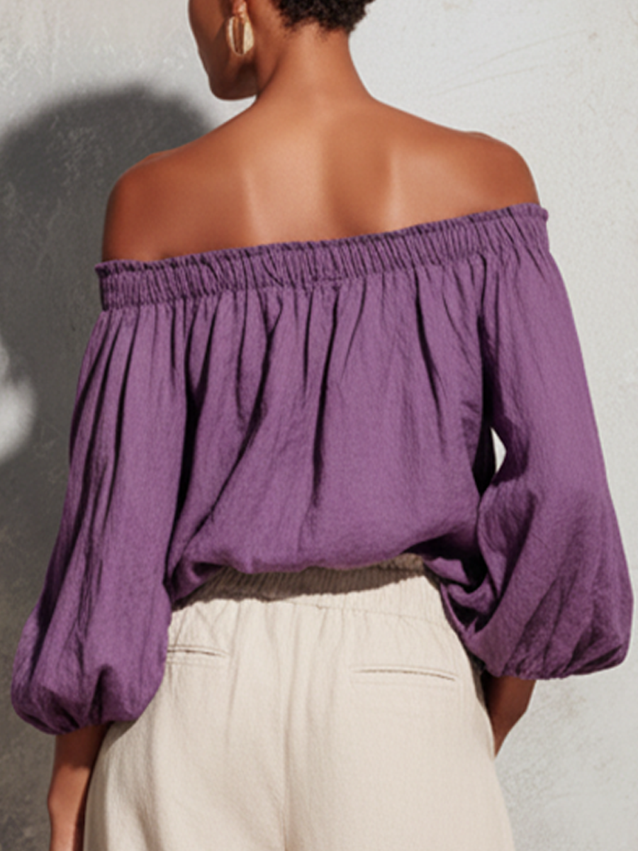 Women's Casual Style Purple Cotton And Linen Off-shoulder Long Lantern Sleeve Top MDZ0697E3GMJ