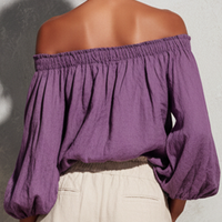 Women's Casual Style Purple Cotton And Linen Off-shoulder Long Lantern Sleeve Top MDZ0697E3GMJ