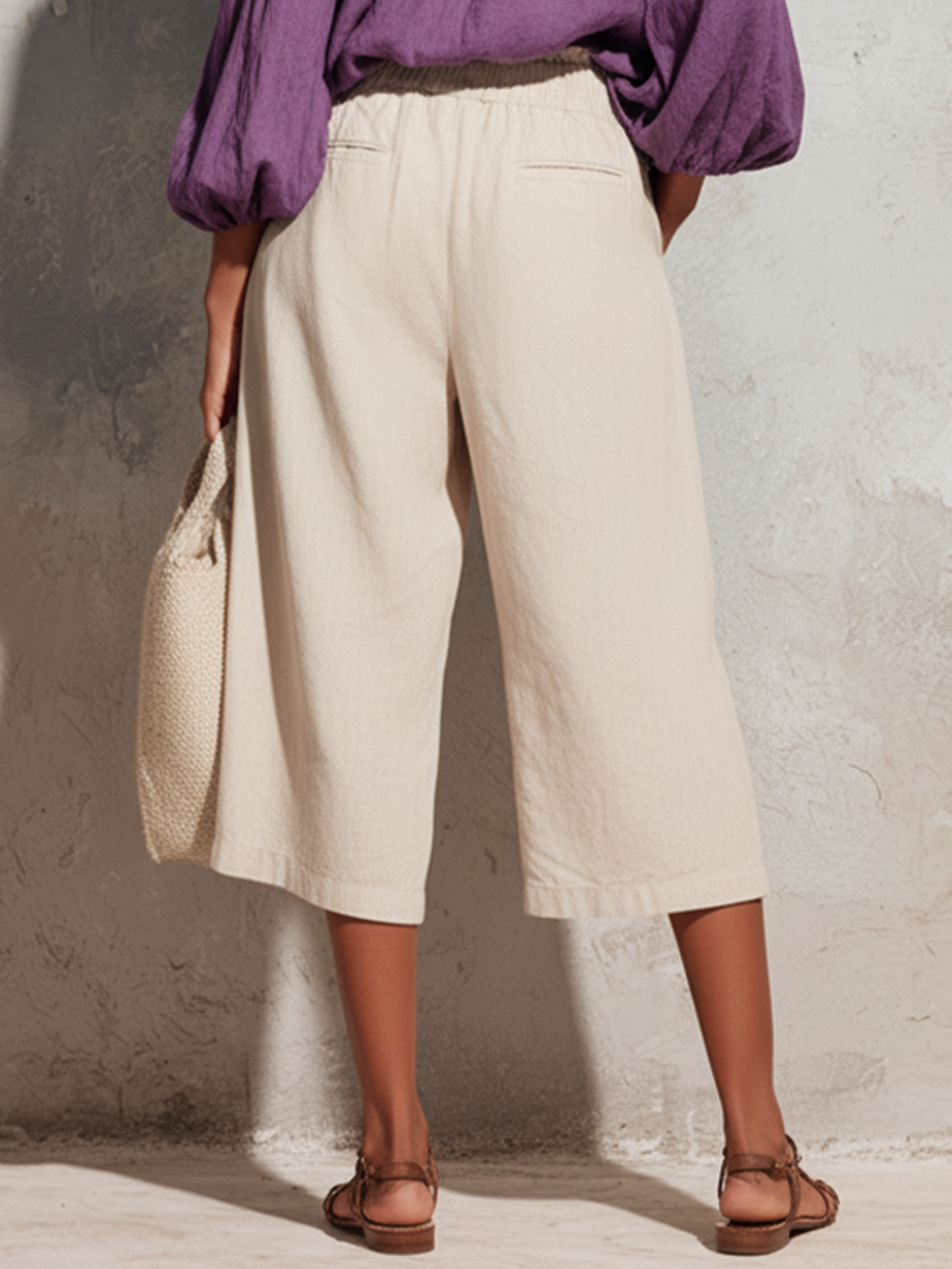 Women's Casual Style Off-white Cotton And Linen Elastic Waistband Capri Pants MDZ0679E4GMJ