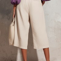 Women's Casual Style Off-white Cotton And Linen Elastic Waistband Capri Pants MDZ0679E4GMJ