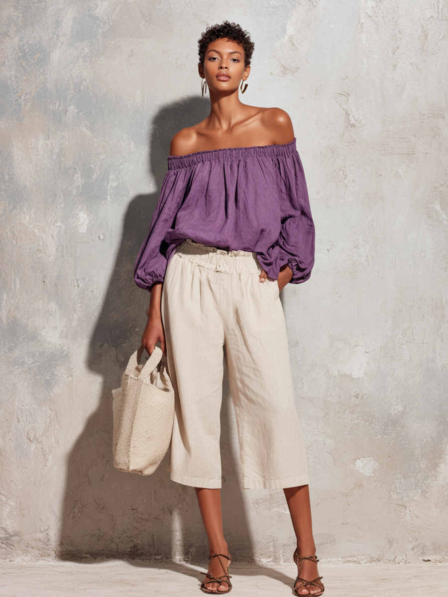 Women's Casual Style Off-white Cotton And Linen Elastic Waistband Capri Pants MDZ0679E4GMJ