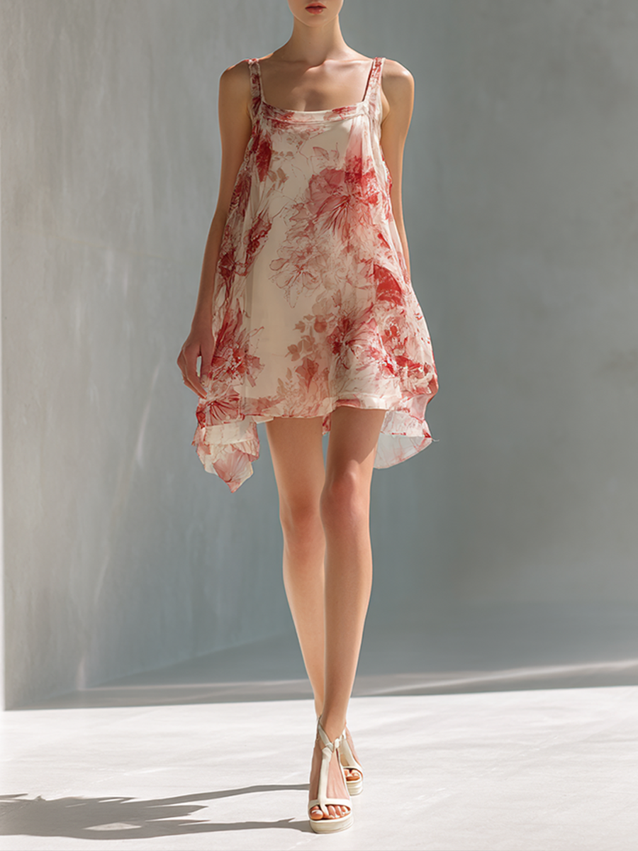 Women's Simple Floral Print Flowy Sleeveless Mini Dress MDZ0718E0ZRK