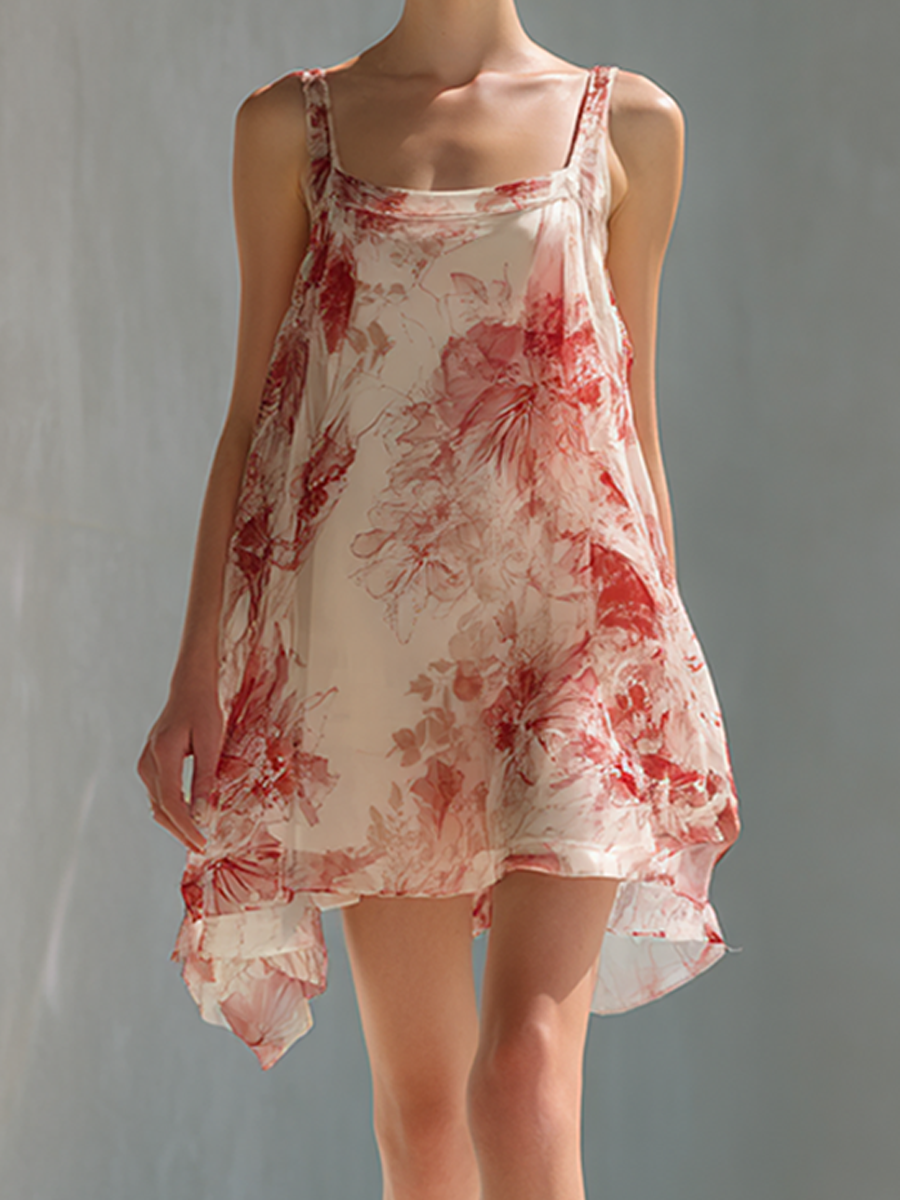 Women's Simple Floral Print Flowy Sleeveless Mini Dress MDZ0718E0ZRK
