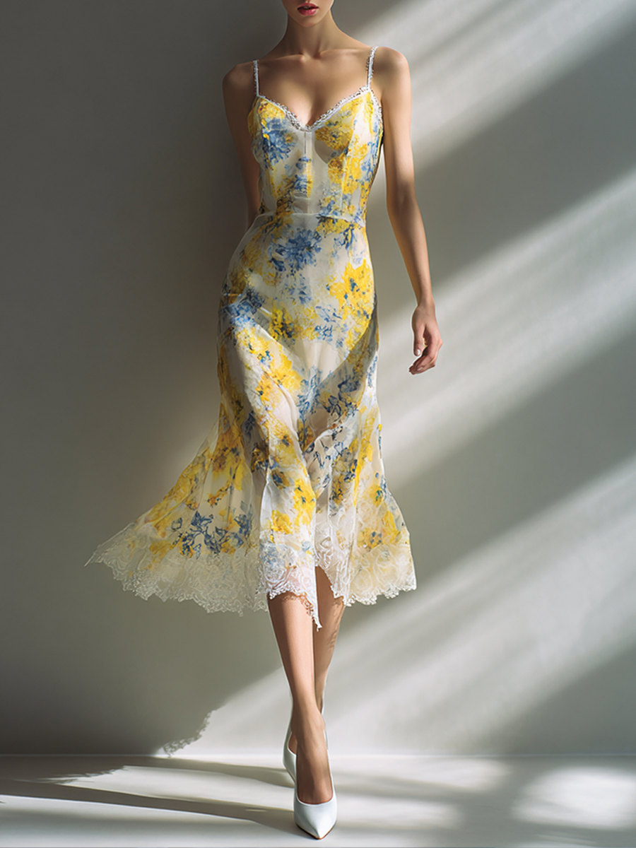 Women's Minimalist Floral Lace-Trimmed Midi Slip Dress MDZ0753E6ZRK
