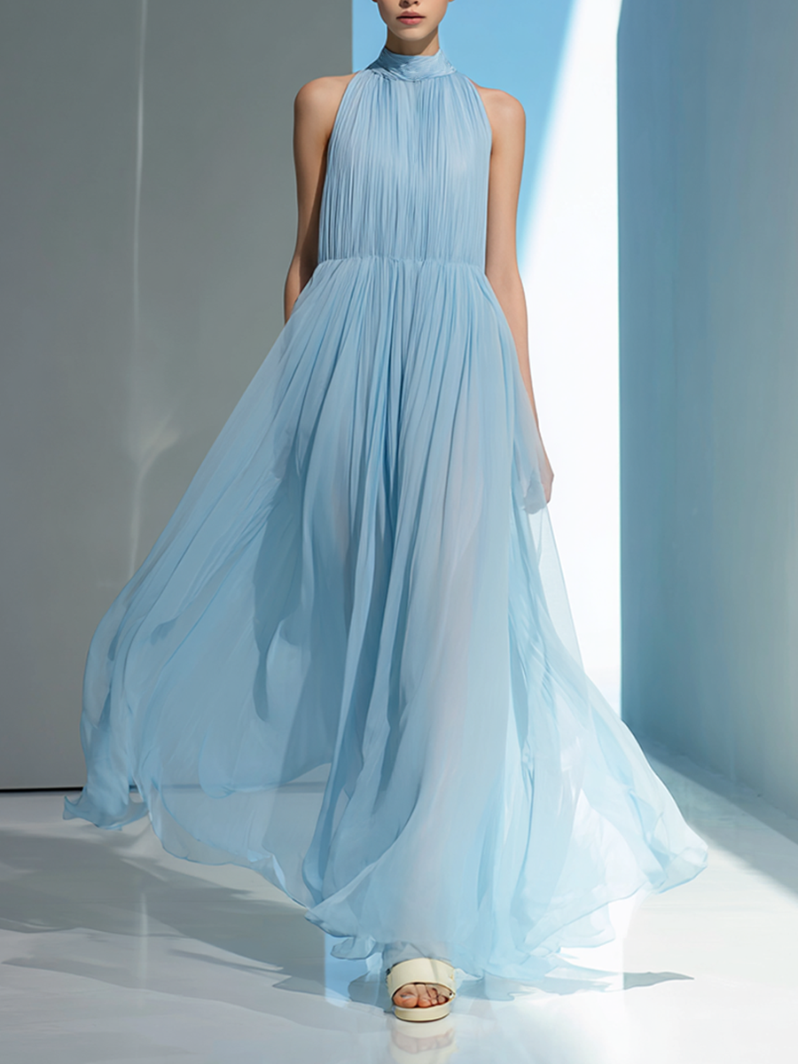 Women's Simple Pleated Backless Chiffon Maxi DressMDZ0703E2ZRK