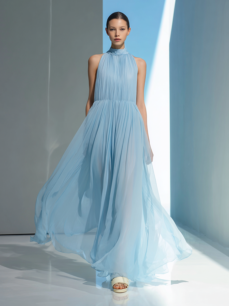 Women's Simple Pleated Backless Chiffon Maxi DressMDZ0703E2ZRK