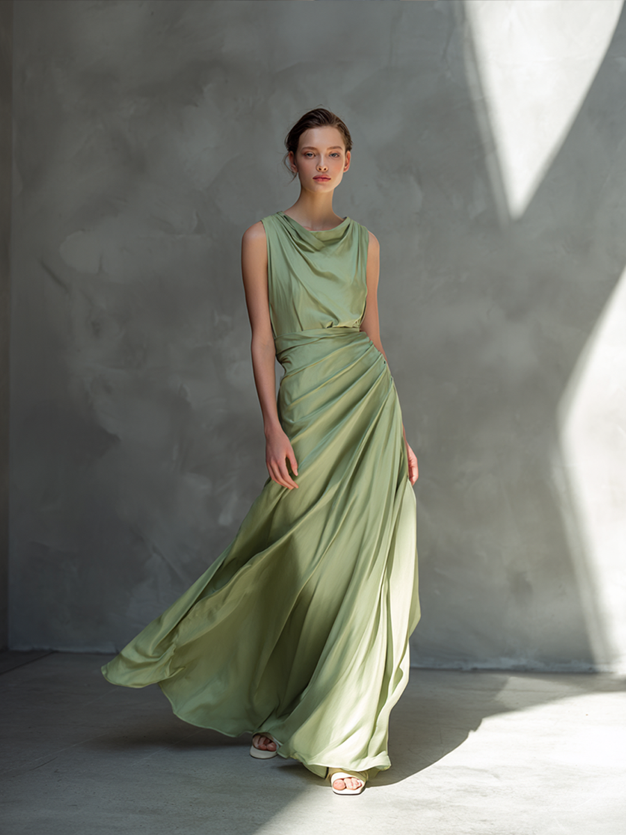 Women's Minimalist Draped Sleeveless Satin-Blend Maxi DressMDZ0738E3ZRK