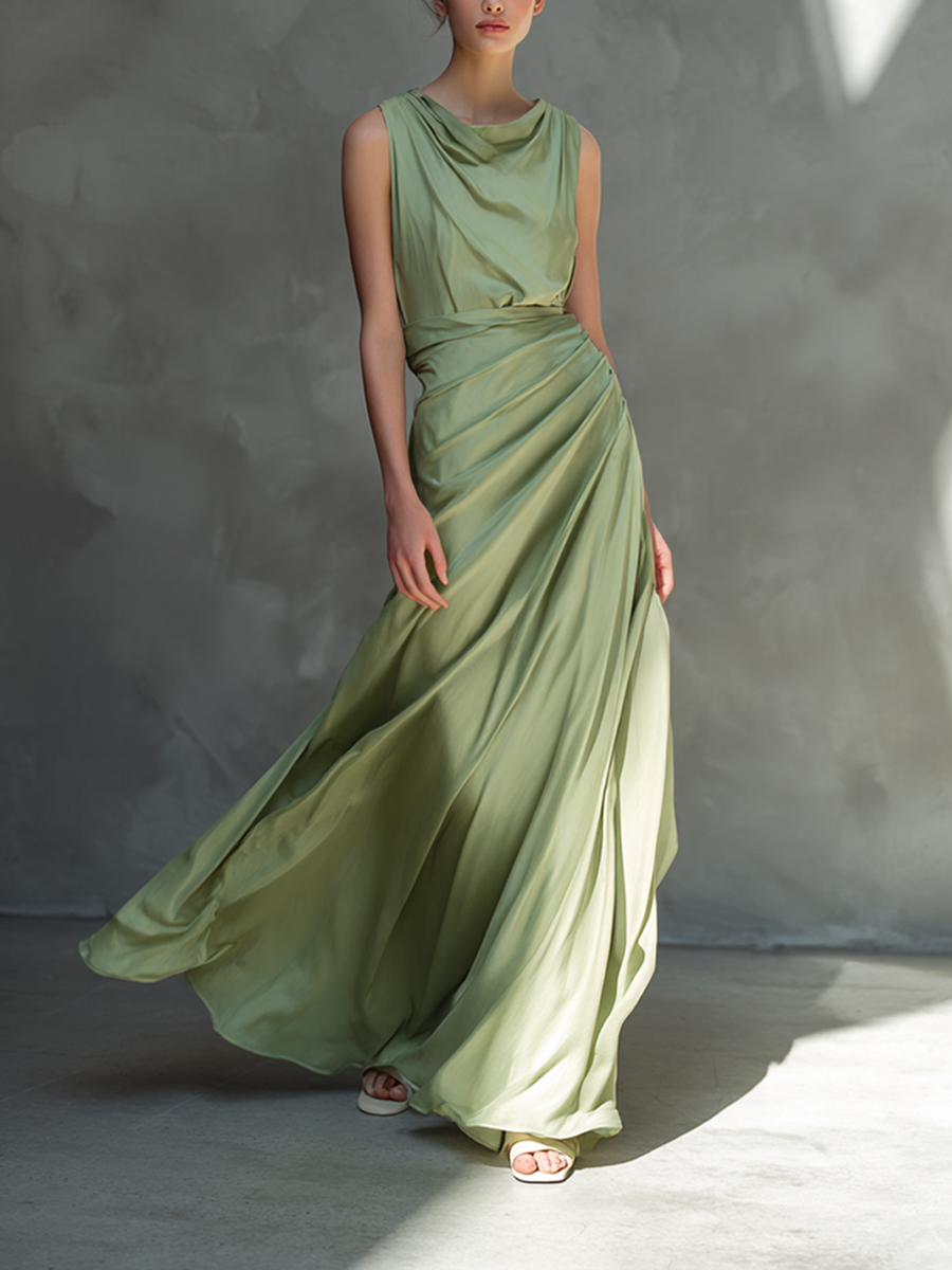 Women's Minimalist Draped Sleeveless Satin-Blend Maxi DressMDZ0738E3ZRK