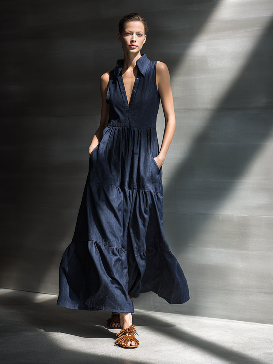 Women's Minimalist Sleeveless Tiered Denim-Blend Maxi Shirt DressMDZ0710E6ZRK