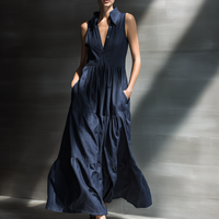 Women's Minimalist Sleeveless Tiered Denim-Blend Maxi Shirt DressMDZ0710E6ZRK