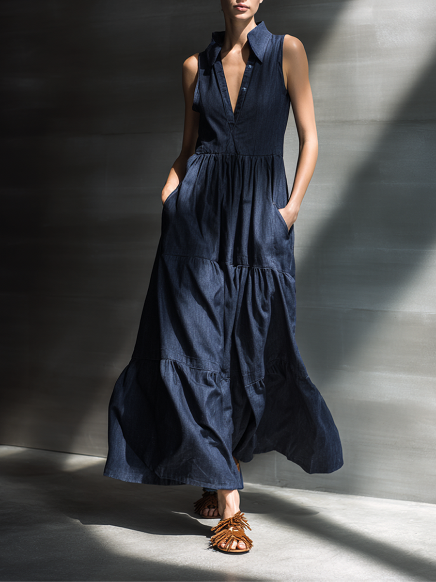 Women's Minimalist Sleeveless Tiered Denim-Blend Maxi Shirt DressMDZ0710E6ZRK