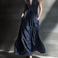 Women's Minimalist Sleeveless Tiered Denim-Blend Maxi Shirt DressMDZ0710E6ZRK
