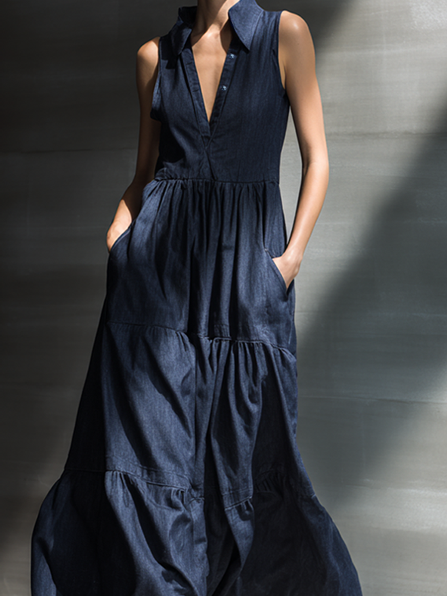 Women's Minimalist Sleeveless Tiered Denim-Blend Maxi Shirt DressMDZ0710E6ZRK