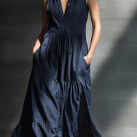 Women's Minimalist Sleeveless Tiered Denim-Blend Maxi Shirt DressMDZ0710E6ZRK
