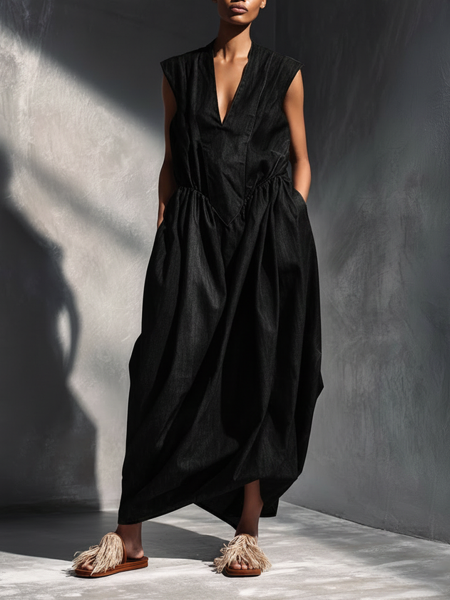 Women's Loose-Fit Sleeveless V-Neck Long Denim DressMDZ0730E5ZRK