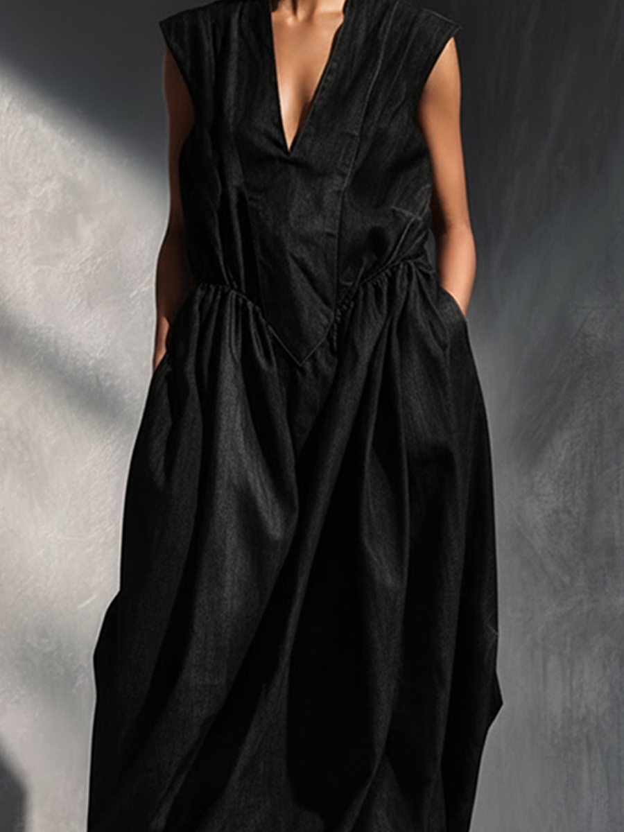 Women's Loose-Fit Sleeveless V-Neck Long Denim DressMDZ0730E5ZRK