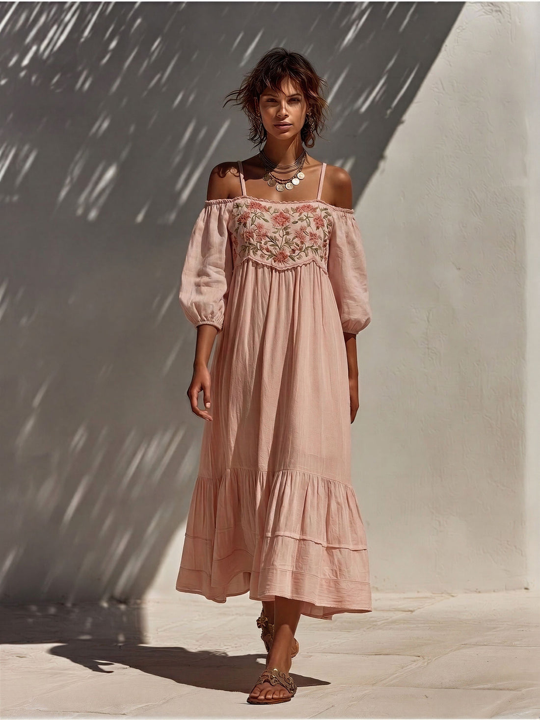 Women’s Blush Pink Cold-Shoulder Floral Embroidered Maxi Dress With Tiered Skirt MDZ0712E7T