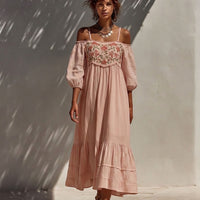 Women’s Blush Pink Cold-Shoulder Floral Embroidered Maxi Dress With Tiered Skirt MDZ0712E7T