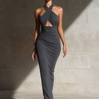 Women’s Dark Grey Cross Halter Neck Ruched Maxi Dress With Front Cutout MDZ0741E0T