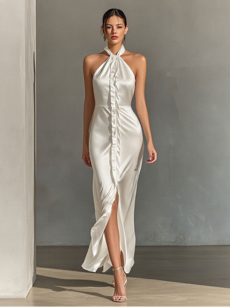 Women’s White Satin Halter Neck Maxi Dress With Ruffle Trim & Front Slit MDZ0797E9T