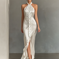 Women’s White Satin Halter Neck Maxi Dress With Ruffle Trim & Front Slit MDZ0797E9T