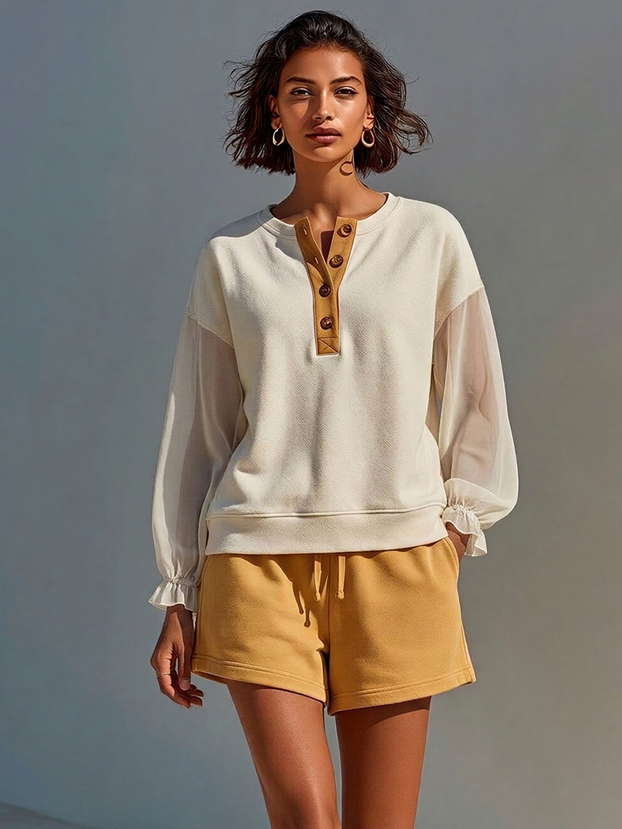 Women’s Off-White Sheer-Sleeve Henley Sweatshirt & Mustard Drawstring Shorts Two-Piece Set MDZ0734E0T