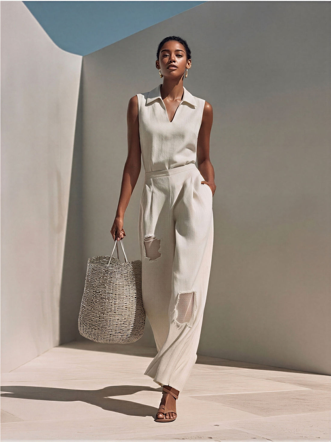 Women’s Beige Linen-Blend Sleeveless Polo Top & Mesh-Panel Wide-Leg Pants Two-Piece Set MDZ0757E6T