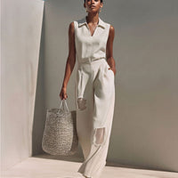 Women’s Beige Linen-Blend Sleeveless Polo Top & Mesh-Panel Wide-Leg Pants Two-Piece Set MDZ0757E6T