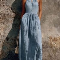 Women's Vacation Style Blue And White Striped Linen-Cotton Halter Gathered Waist Button Maxi Dress MDZ0727E7GMJ