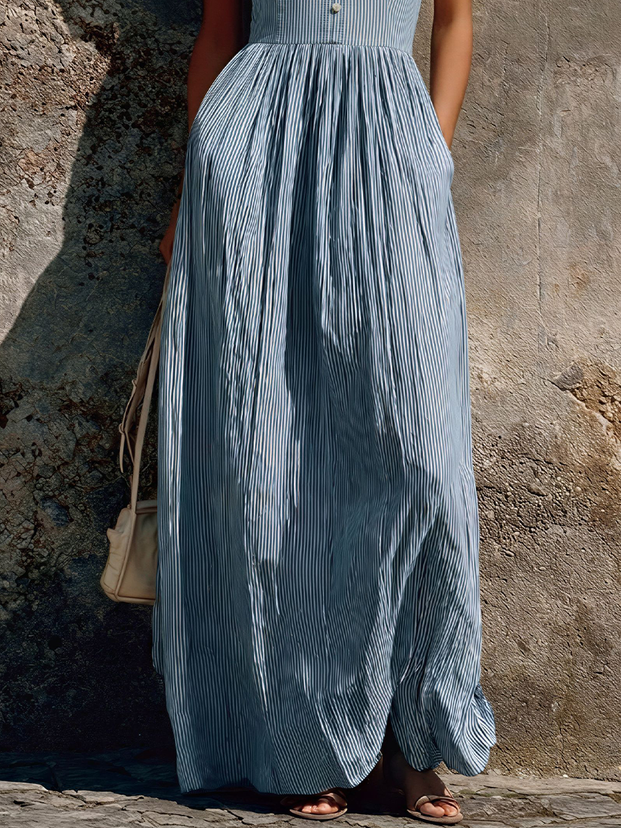 Women's Vacation Style Blue And White Striped Linen-Cotton Halter Gathered Waist Button Maxi Dress MDZ0727E7GMJ