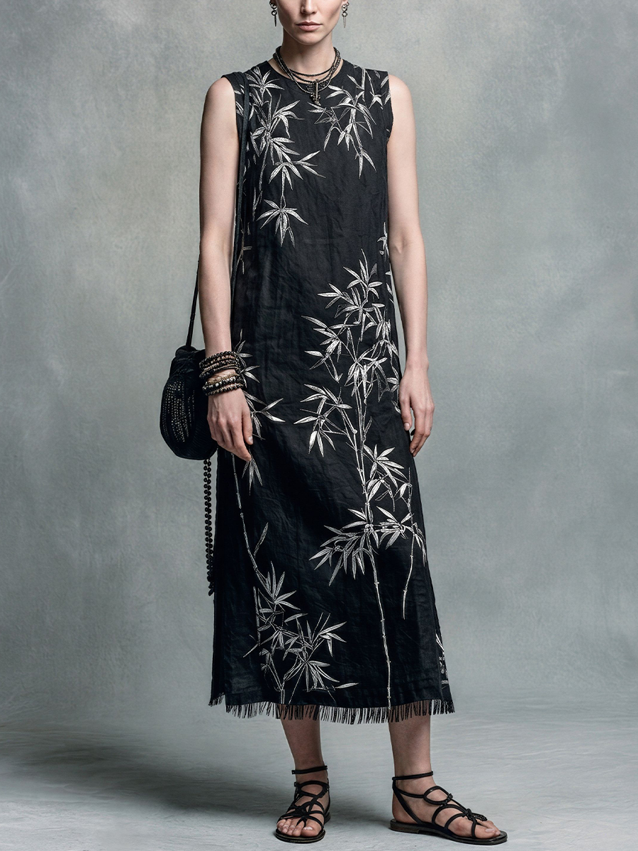 Women's New Chinese Style Black Cotton Blend Bamboo Print Tassel Sleeveless Long Dress MDZ0739E0GMJ