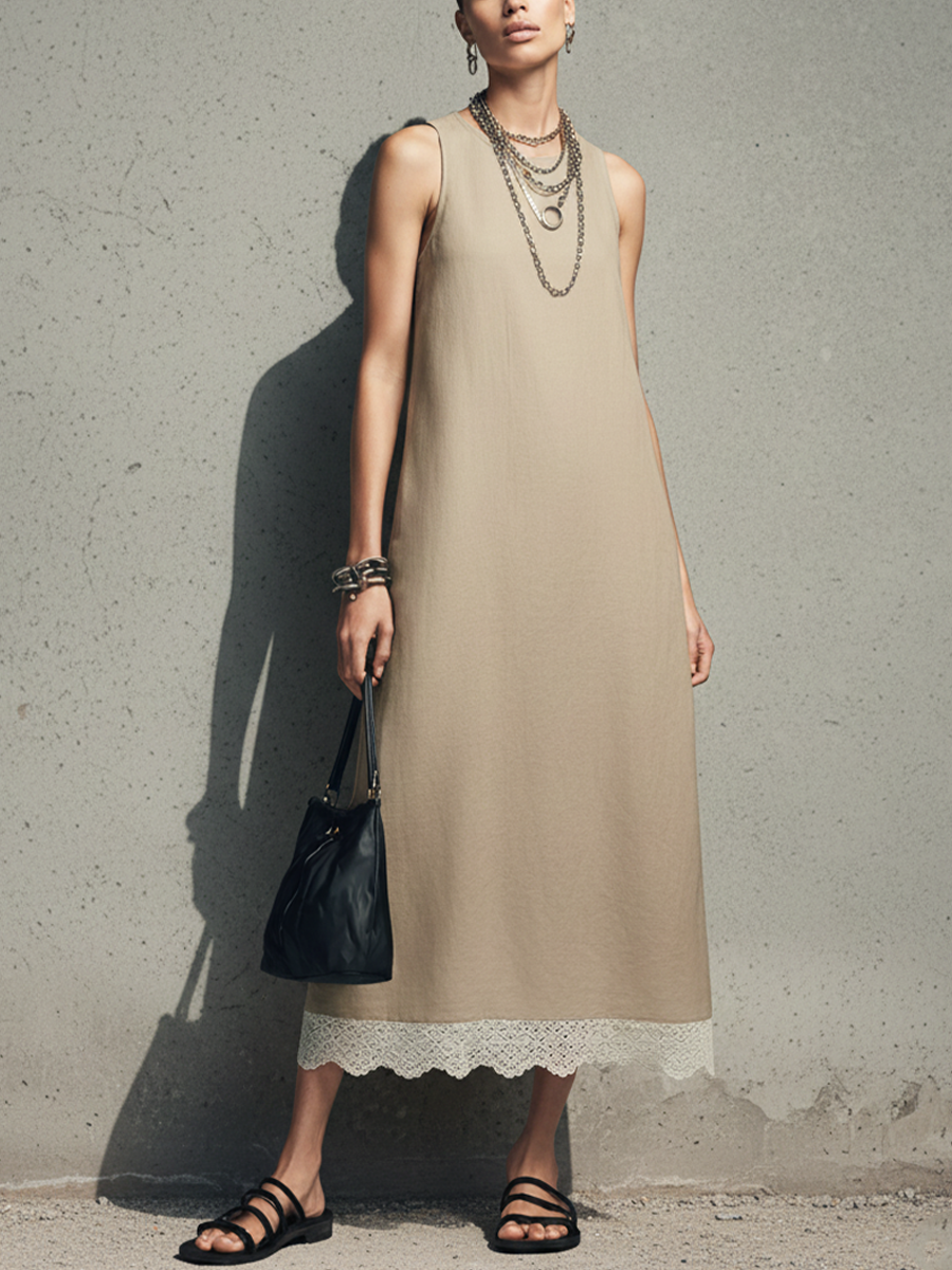 Women's Minimalist-Style Khaki Cotton-Linen Sleeveless Maxi Dress With Lace-Paneled Hem MDZ0787E3GMJ