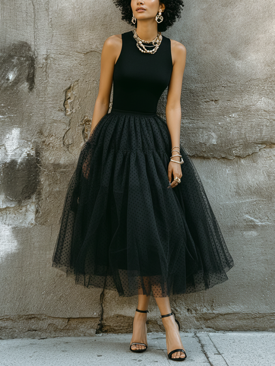 Women's Retro Black Knit Cotton Blend Polka Dot Tulle Spliced Sleeveless Midi Dress MDZ0797E8GMJ