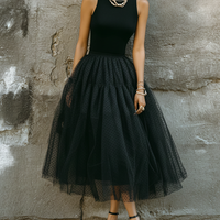 Women's Retro Black Knit Cotton Blend Polka Dot Tulle Spliced Sleeveless Midi Dress MDZ0797E8GMJ