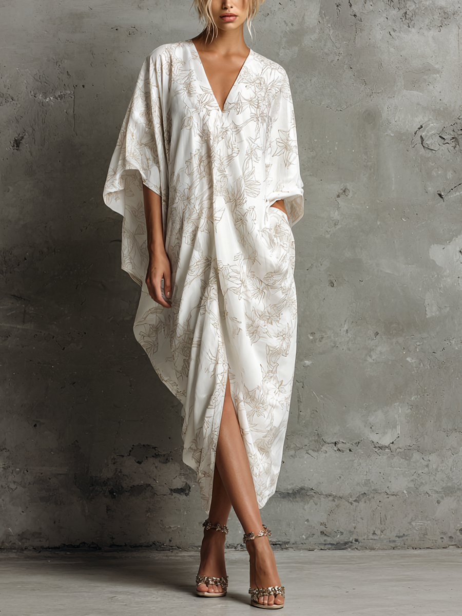Women's Casual White Cotton Blend Floral Print V-Neck Loose Cocoon-Shaped Midi Dress MDZ0734E6GMJ