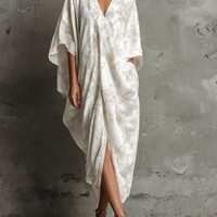 Women's Casual White Cotton Blend Floral Print V-Neck Loose Cocoon-Shaped Midi Dress MDZ0734E6GMJ