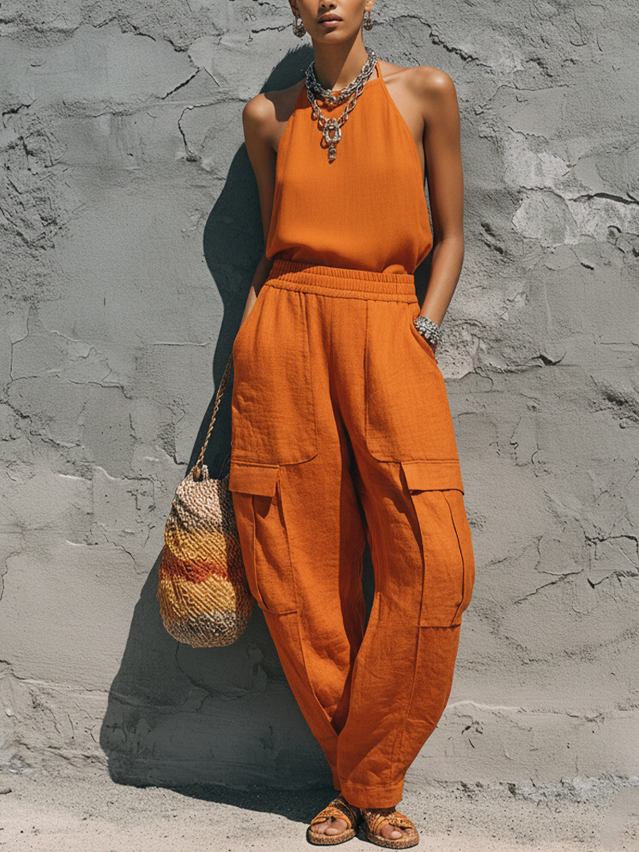 Women's Streetwear Orange Linen-Cotton Blend Halter Sleeveless Top And Elastic Waist Cargo Pants Set MDZ0731E8GMJ