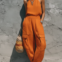 Women's Streetwear Orange Linen-Cotton Blend Halter Sleeveless Top And Elastic Waist Cargo Pants Set MDZ0731E8GMJ