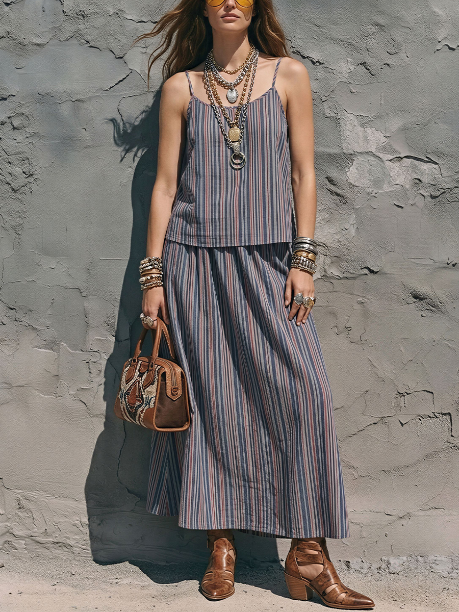 Women's Retro Style Blue Red And White Cotton Blend Striped Spaghetti Strap Camisole And A Line Midi Skirt Set MDZ0764E8GMJ