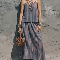 Women's Retro Style Blue Red And White Cotton Blend Striped Spaghetti Strap Camisole And A Line Midi Skirt Set MDZ0764E8GMJ