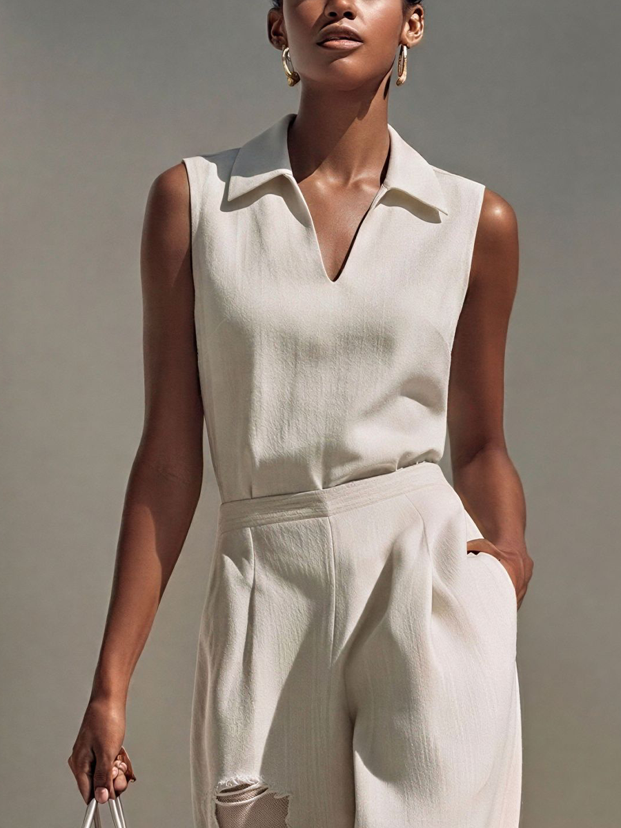 Women’s Beige Linen-Blend Sleeveless Polo Top & Mesh-Panel Wide-Leg Pants Two-Piece Set MDZ0757E6T