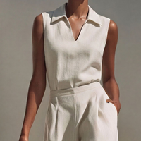 Women’s Beige Linen-Blend Sleeveless Polo Top & Mesh-Panel Wide-Leg Pants Two-Piece Set MDZ0757E6T