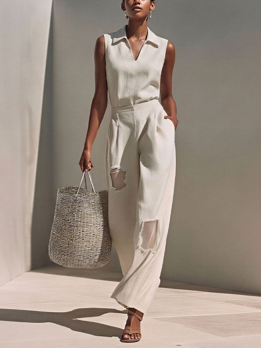 Women’s Beige Linen-Blend Sleeveless Polo Top & Mesh-Panel Wide-Leg Pants Two-Piece Set MDZ0757E6T