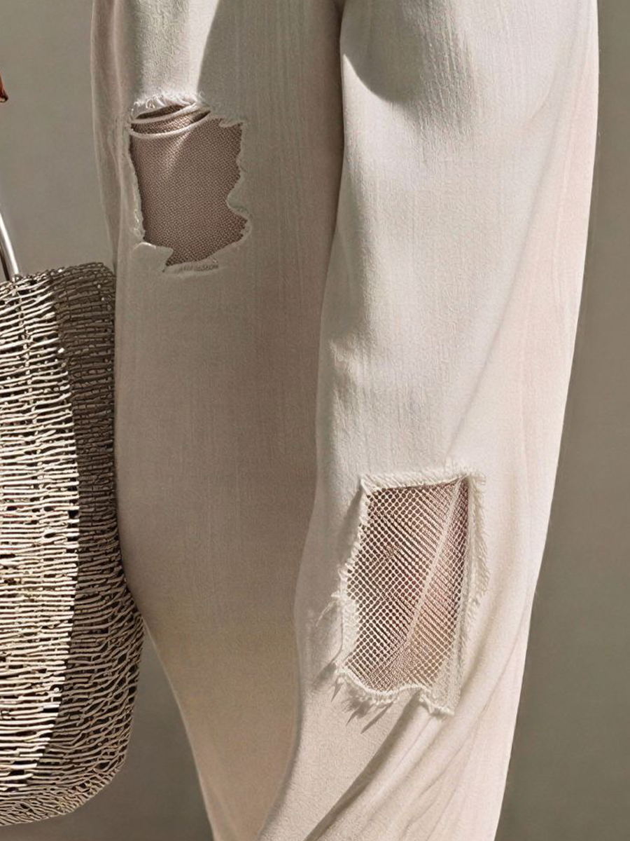 Women’s Beige Linen-Blend Sleeveless Polo Top & Mesh-Panel Wide-Leg Pants Two-Piece Set MDZ0757E6T